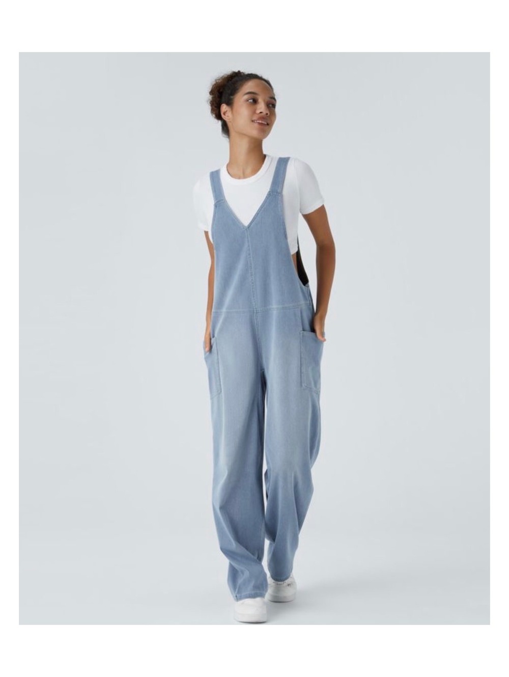 Halara Flex Denim Overalls Womens L Petite Light Wash V Neck Baggy Jumpsuit